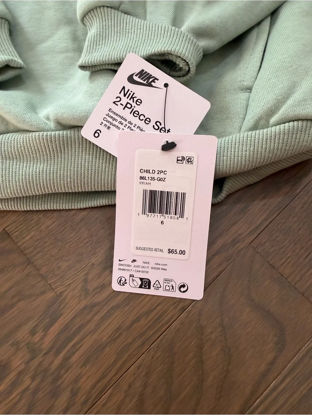 Nike Kids Sage Green Hoodie & Sweatpants Set with White Logo size 6